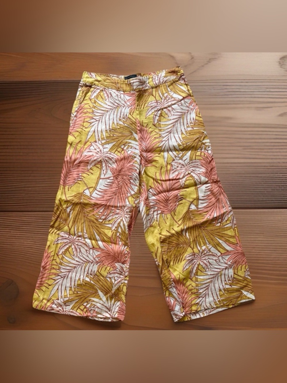 Tahari 100% Linen Cropped Pull On Wide Leg Pants Size Large Tropical Floral NWT